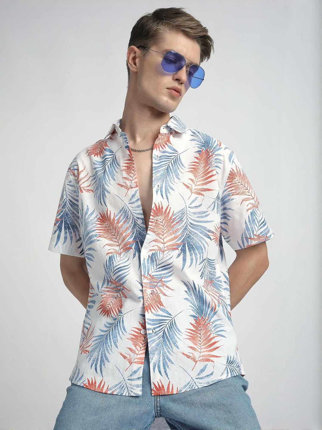 VASTRADO Classic Palm Parade Tropical Printed Slim Fit Cotton Casual Shirt