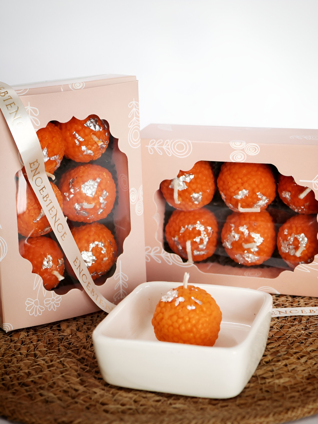 ENCEBIENCE Orange 6 Pcs Motichoor Laddu Candles - Oud Sandalwood Scent