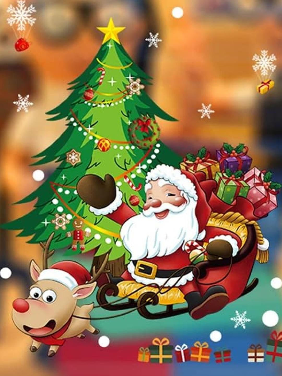 INDIAN ROYALS Santa Claus With Christmas Tree Design Self Adhesive Wall Sticker