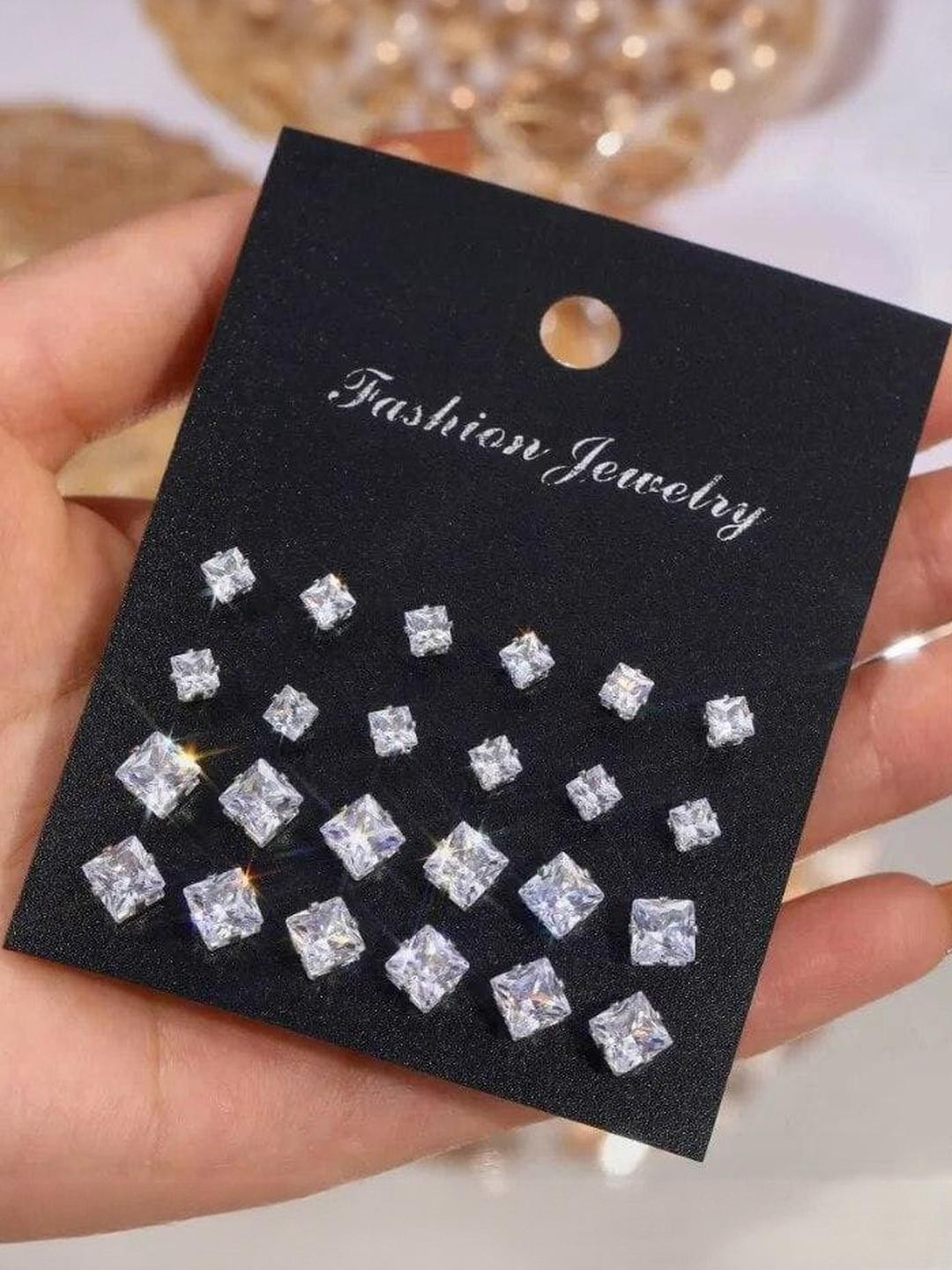 Shivarth Silver-Toned & Clear Pair Of 12 Stone Square Stud Earrings
