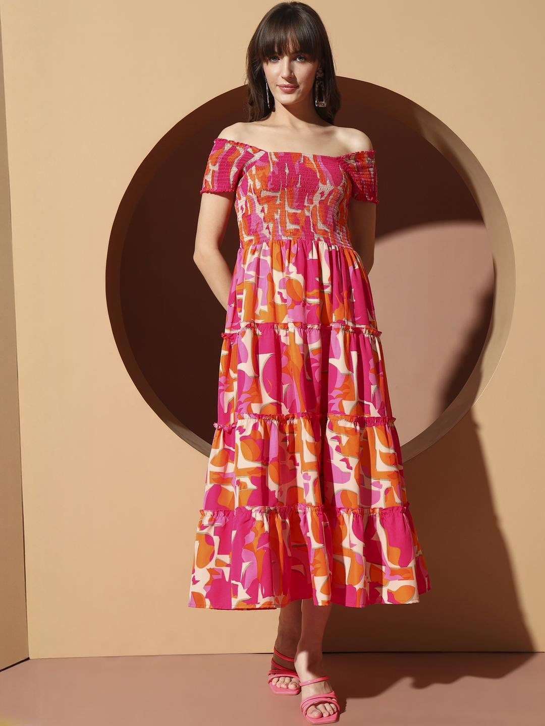 LookShine Adults-Women Orange Polyester Printed A-Line Dress