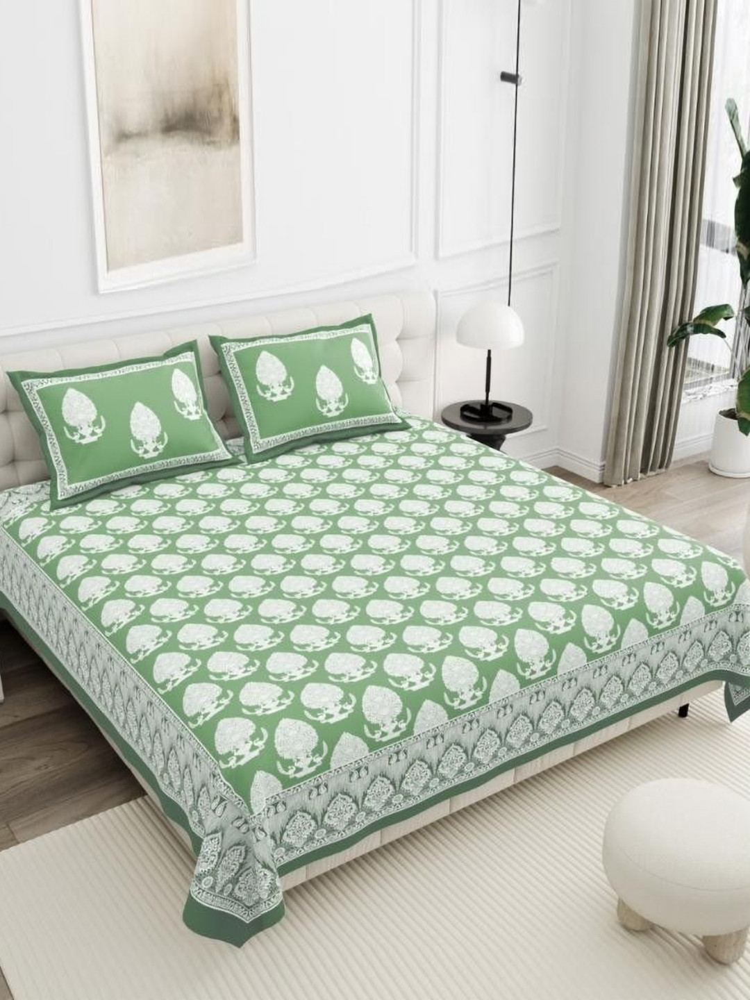 SWITCHON Olive Green & White Printed 300 TC Cotton King Bedsheet Set 2.74 m X 2.74 m