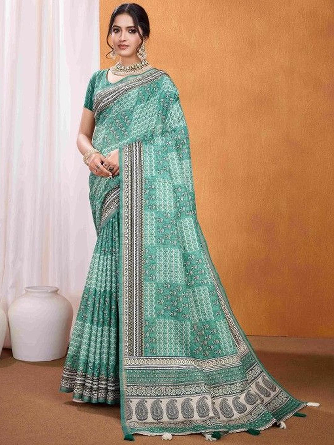 KARAGIRI Floral Ajrakh Block Printed Tussar Silk Saree With Tassels