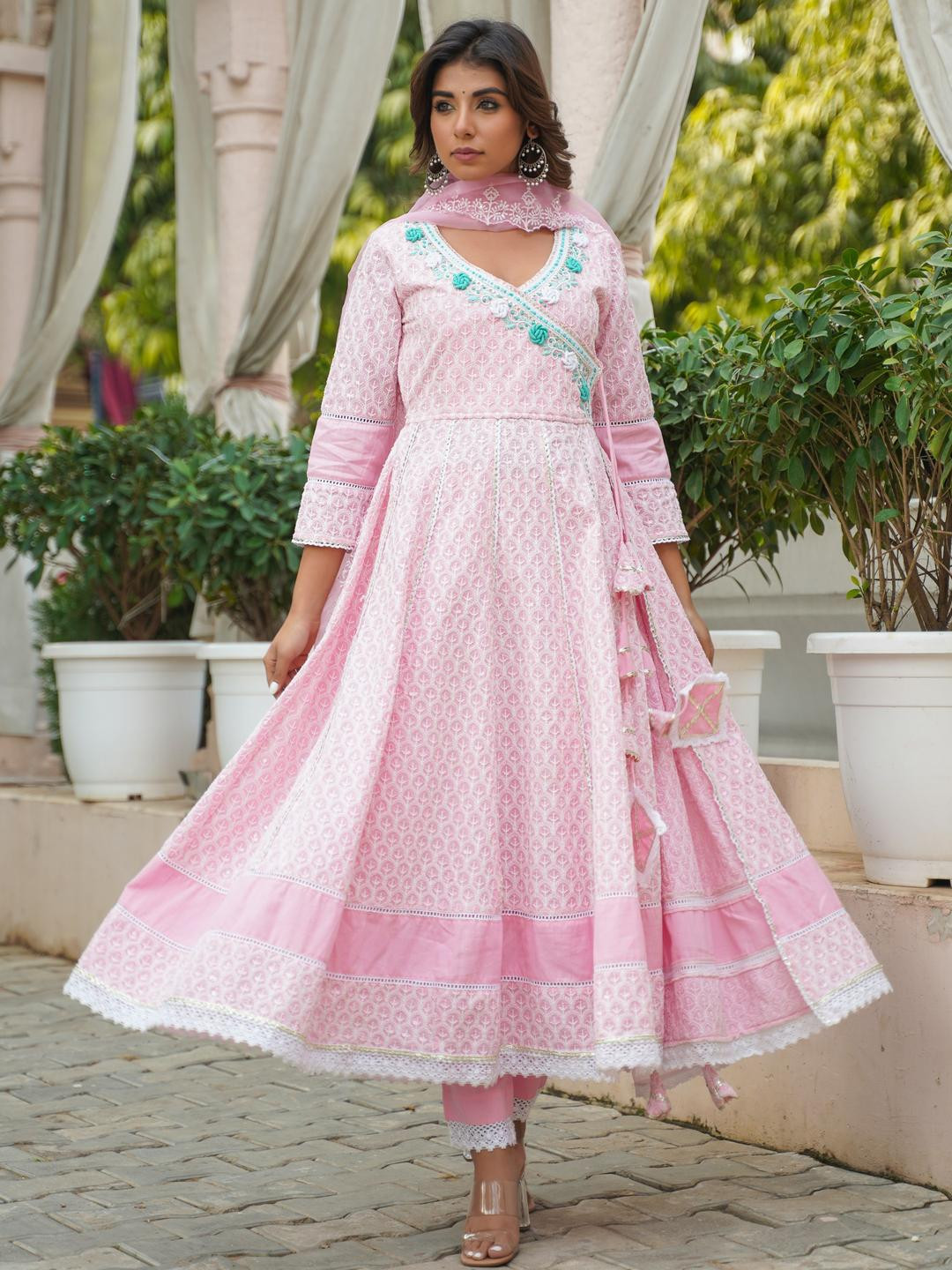 Aavanya Pink Cotton Angrakha Anarkali V-Neck Thread Work Kurta and Trouser with Dupatta