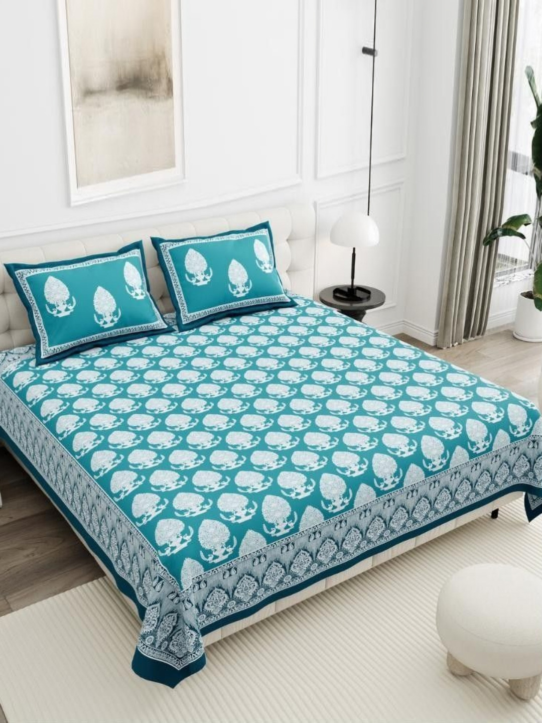 SWITCHON Teal & White Printed 300 TC Cotton King Bedsheet Set 45.72 m X45.72 m