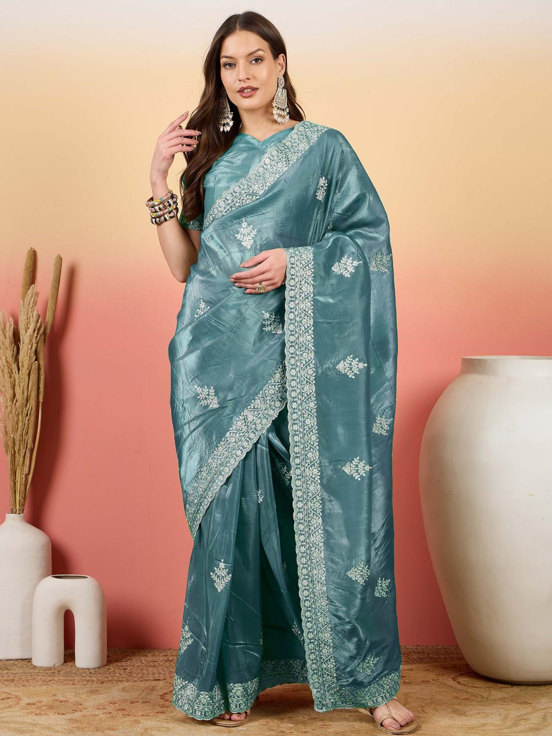 HERE&NOW Floral Embroderied Ceroski Daimond Sequinned Saree