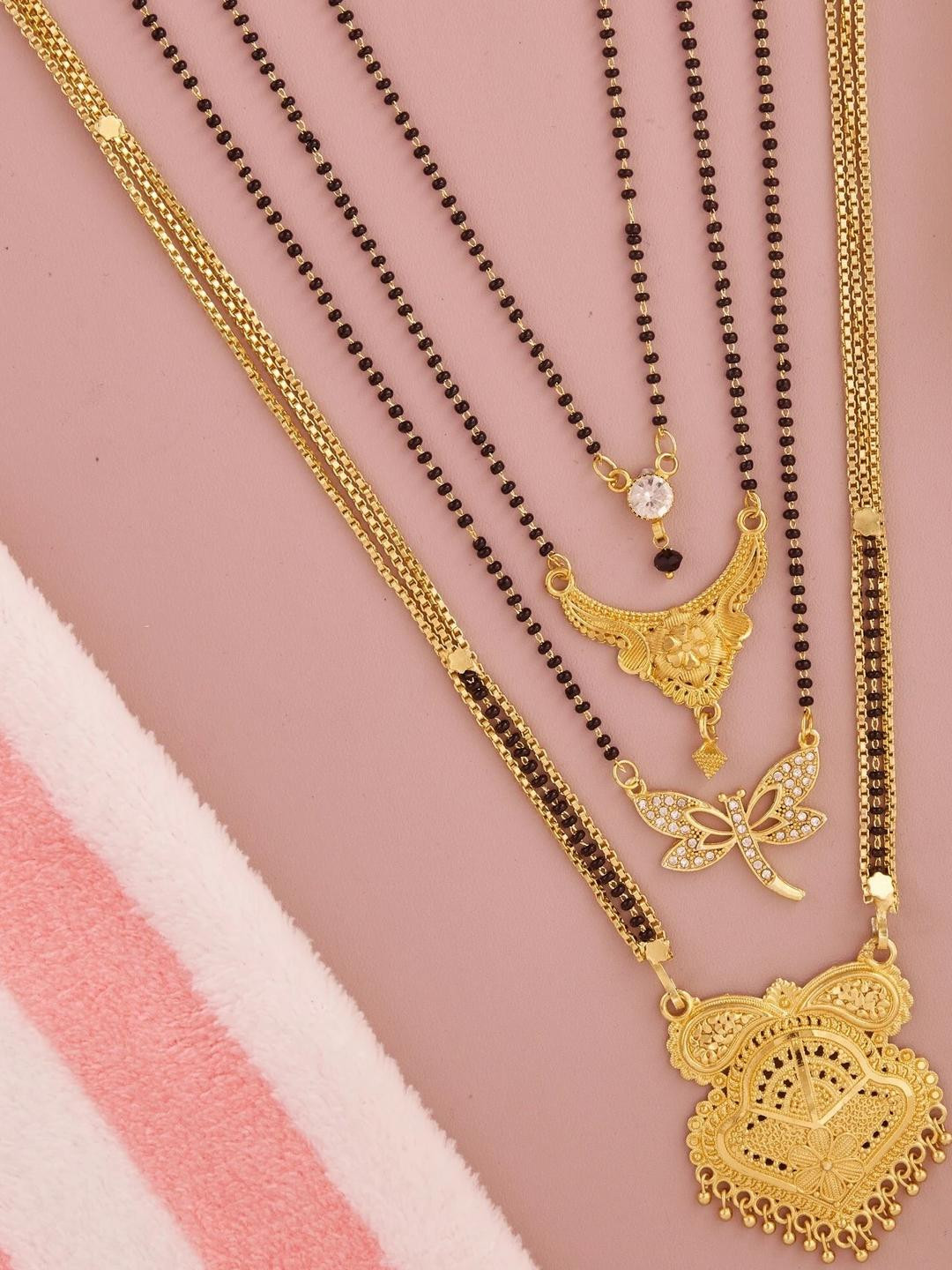 DIVASTRISet of 4 Women Black & Gold-Plated Artificial Stone And Beads Mangalsutra