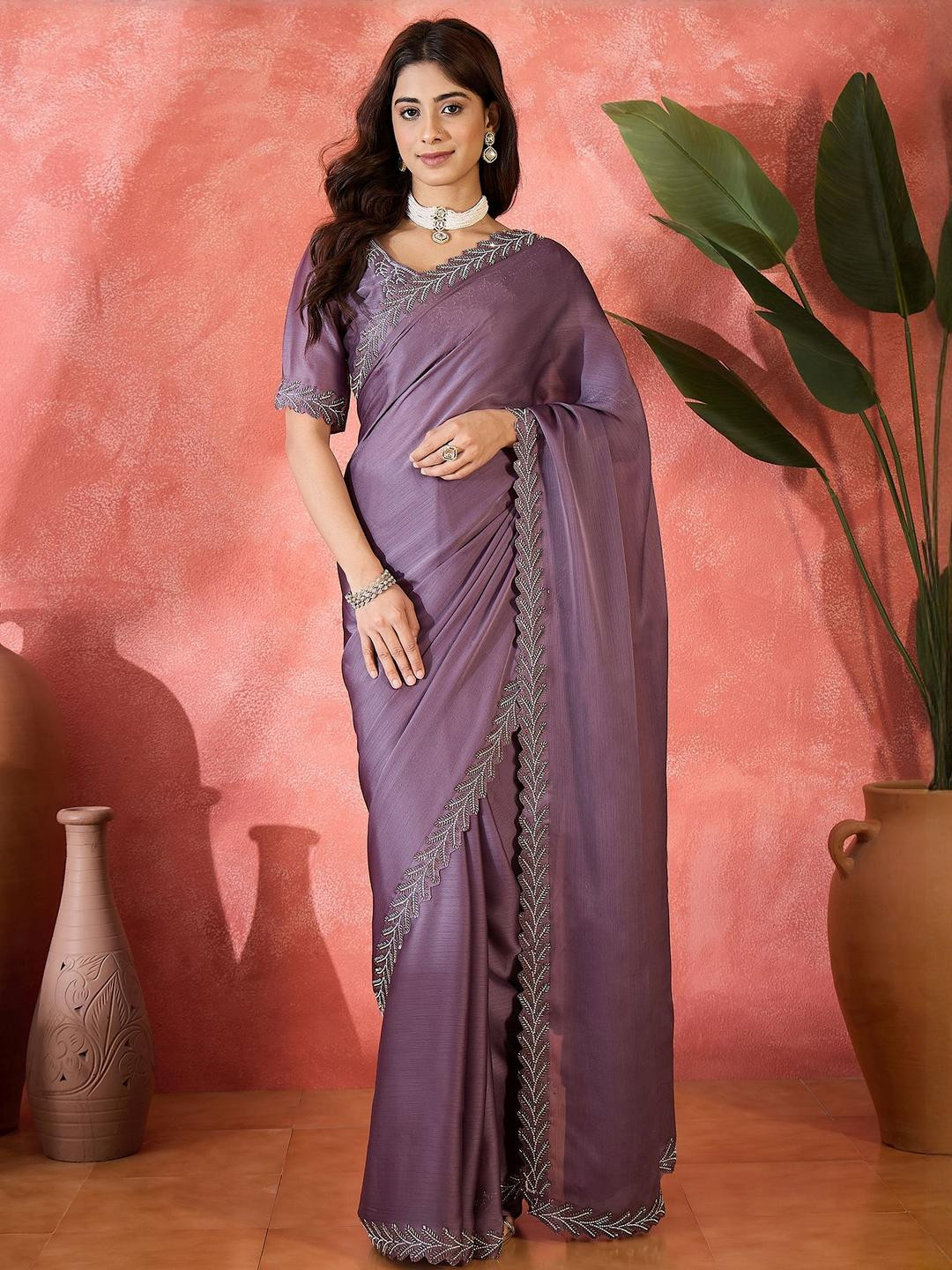 HERE&NOW Beads and Stones Satin Chiffon Saree