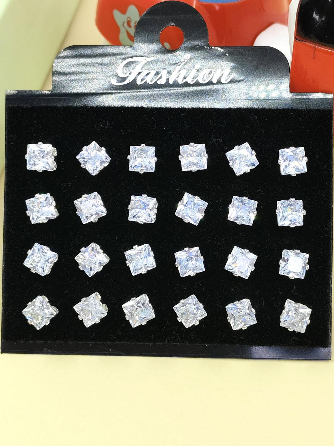 Shivarth Set of 12 Silver-Plated Metal American Diamond Earrings