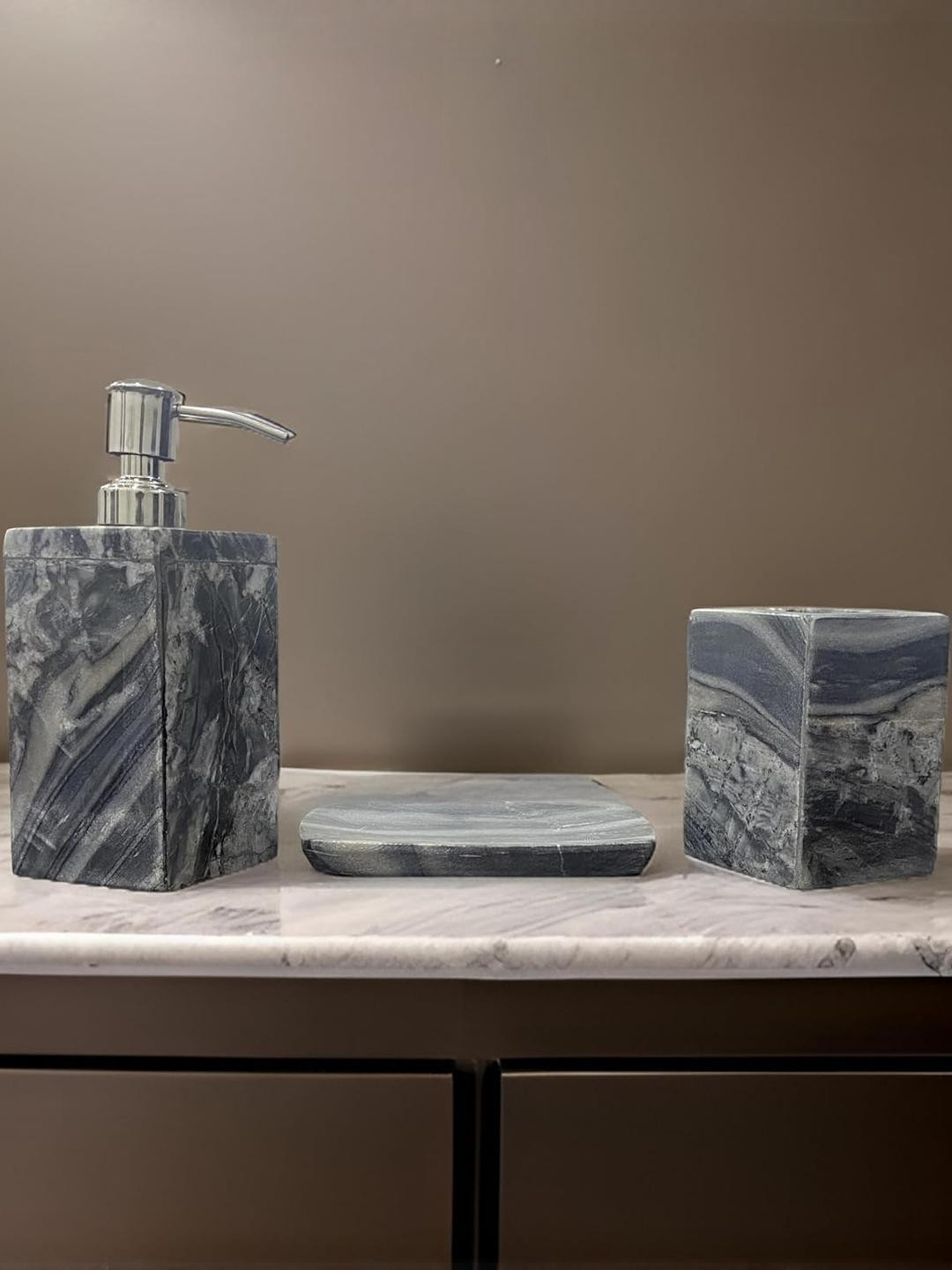 ALTAICA Set of 2 Marble Stone Liquid Soap Dispenser with Toothbrush Holder