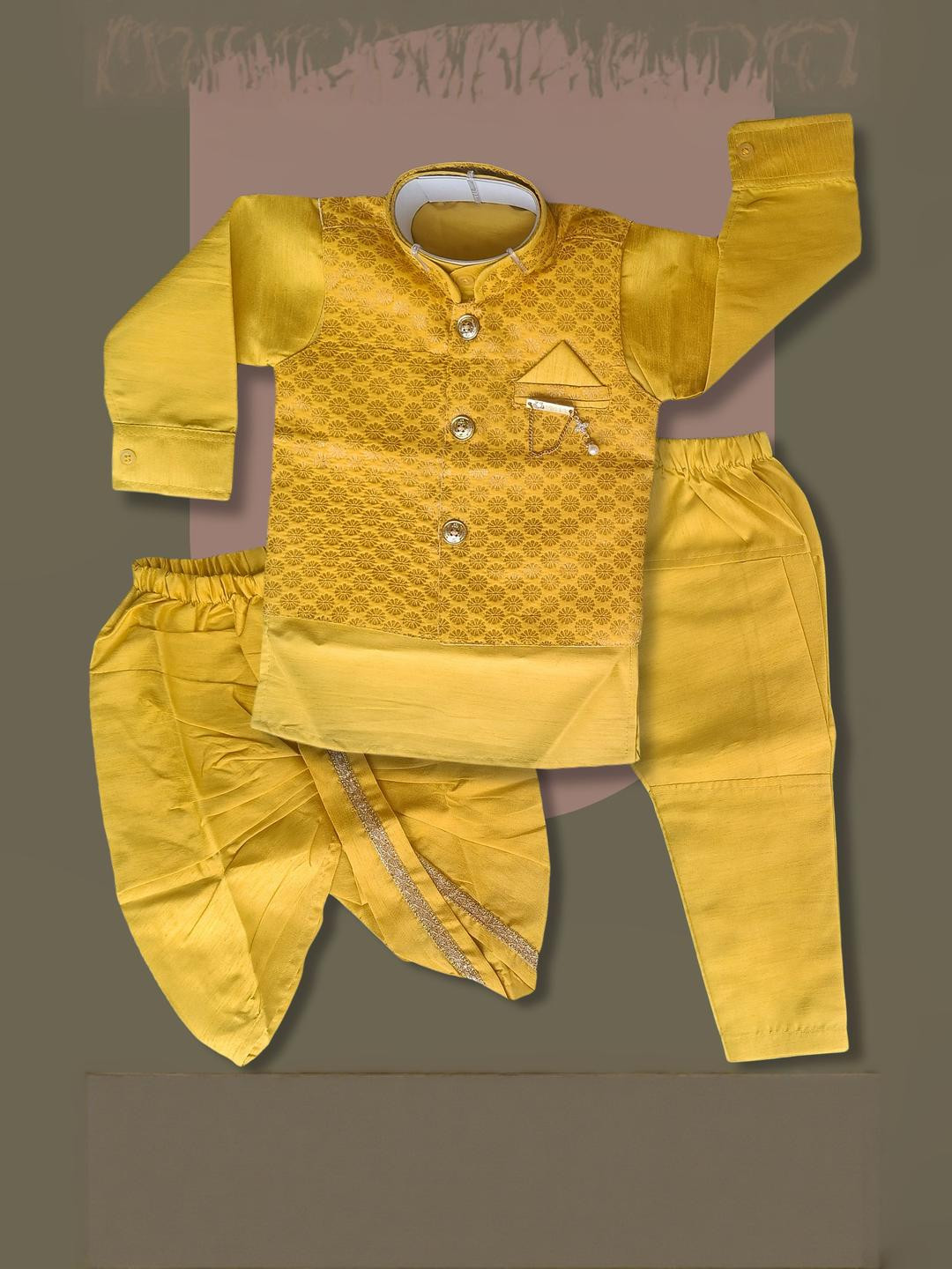 Qutie Ninja Boys Self Design Mandarin Collar Sherwani Set