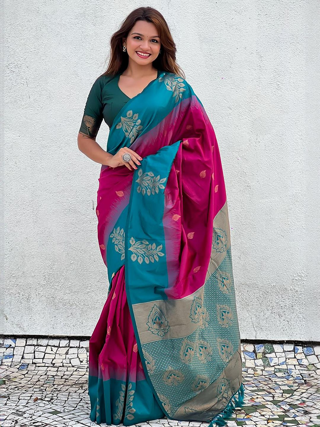 ELITE WEAVES Pink Woven Banarasi Silk Blend Saree