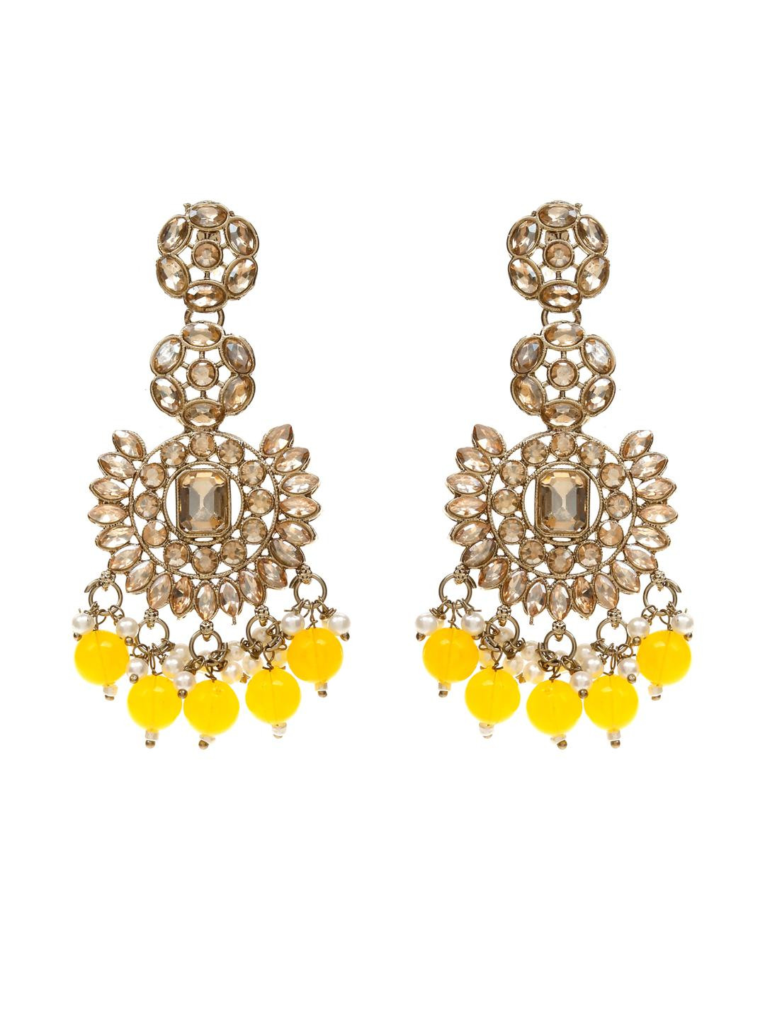 zarmar fashion Oxidised Gold-Toned & Yellow Beaded Chandbali Earrings with Maang Tikka Set