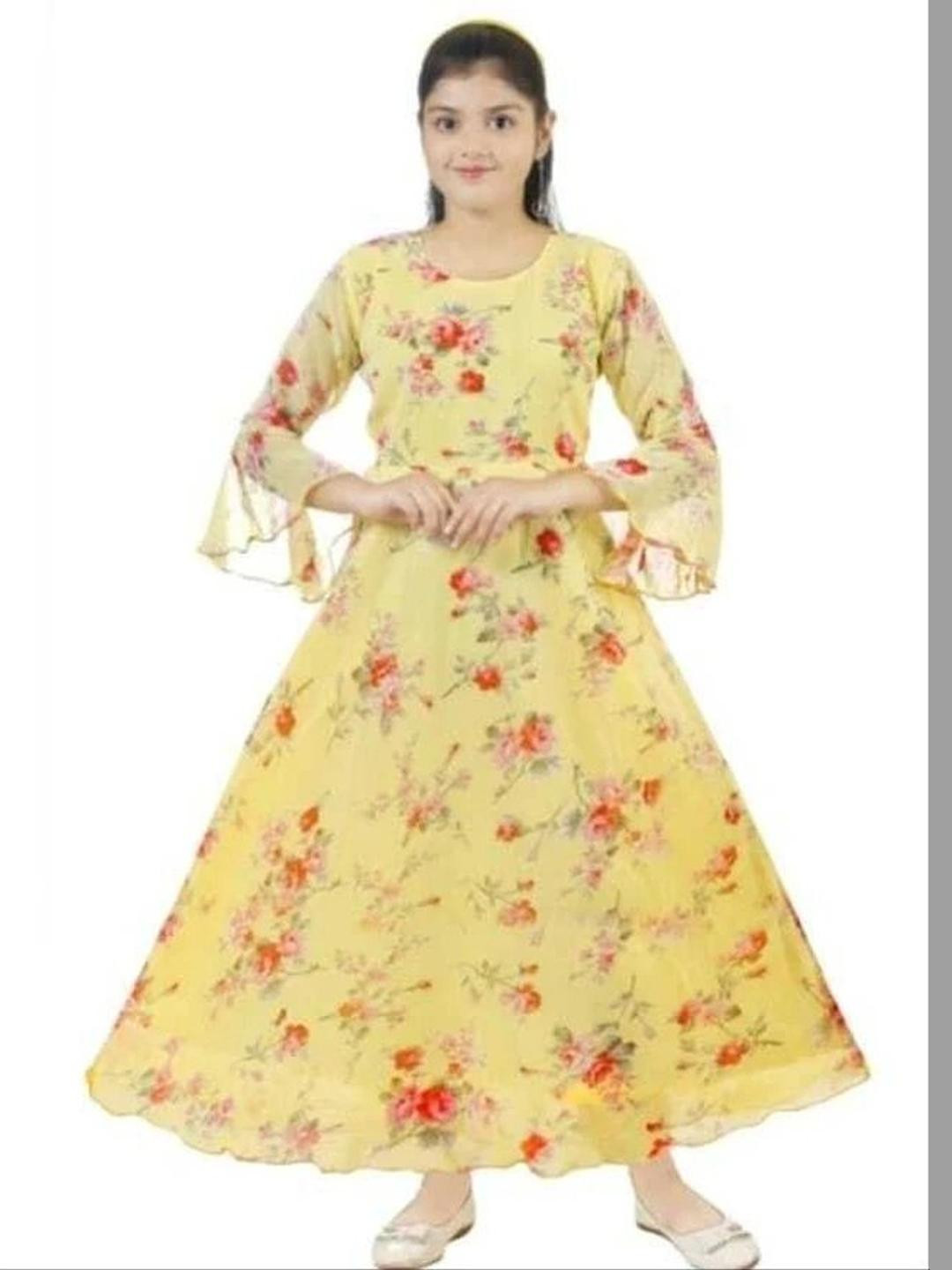 VISHESTA Kids-Girls Yellow Georgette Printed  Dress