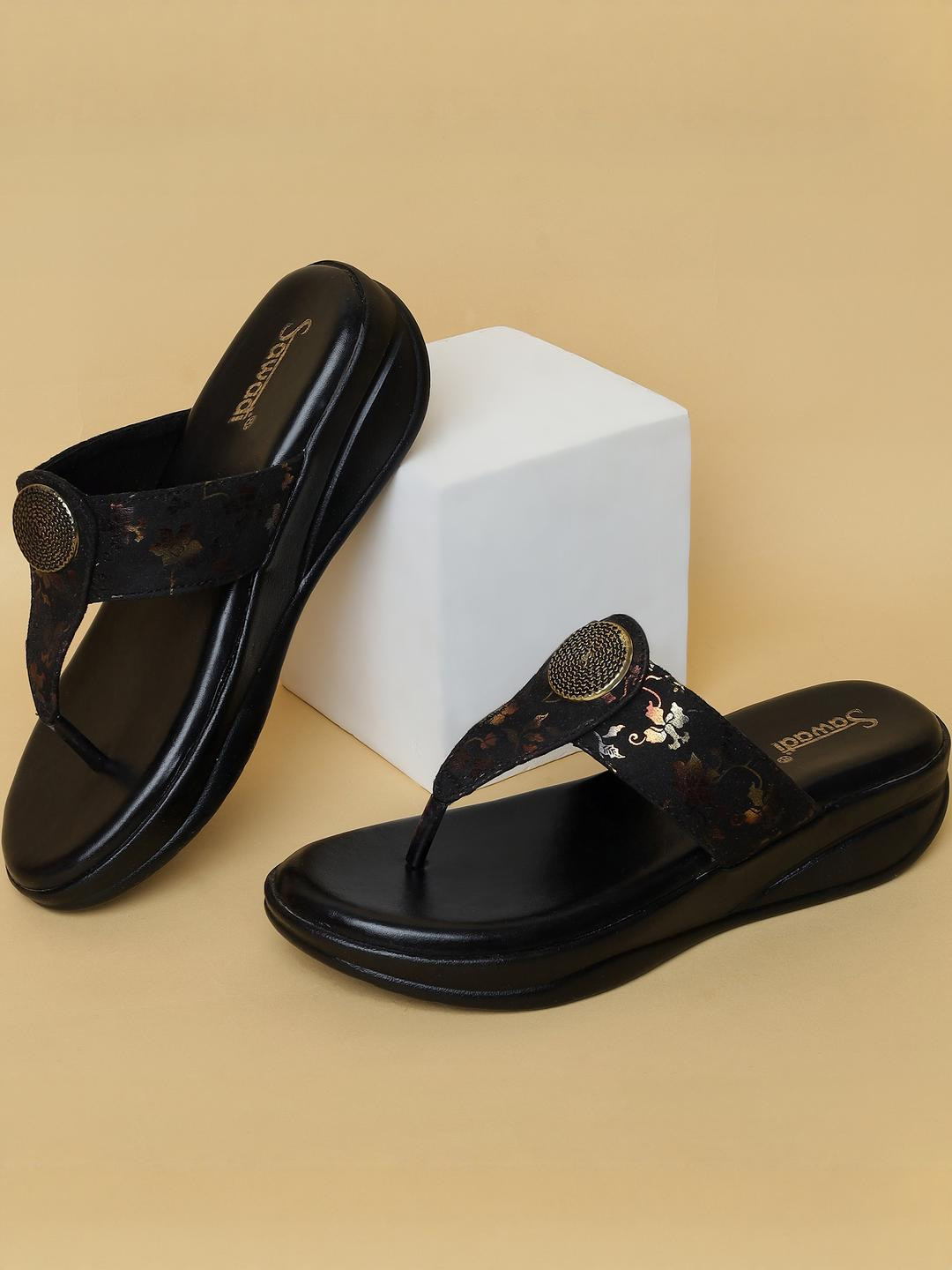 Palche Women Slip-On Wedge Sandals with Tri-Metal Embellished V-Strap