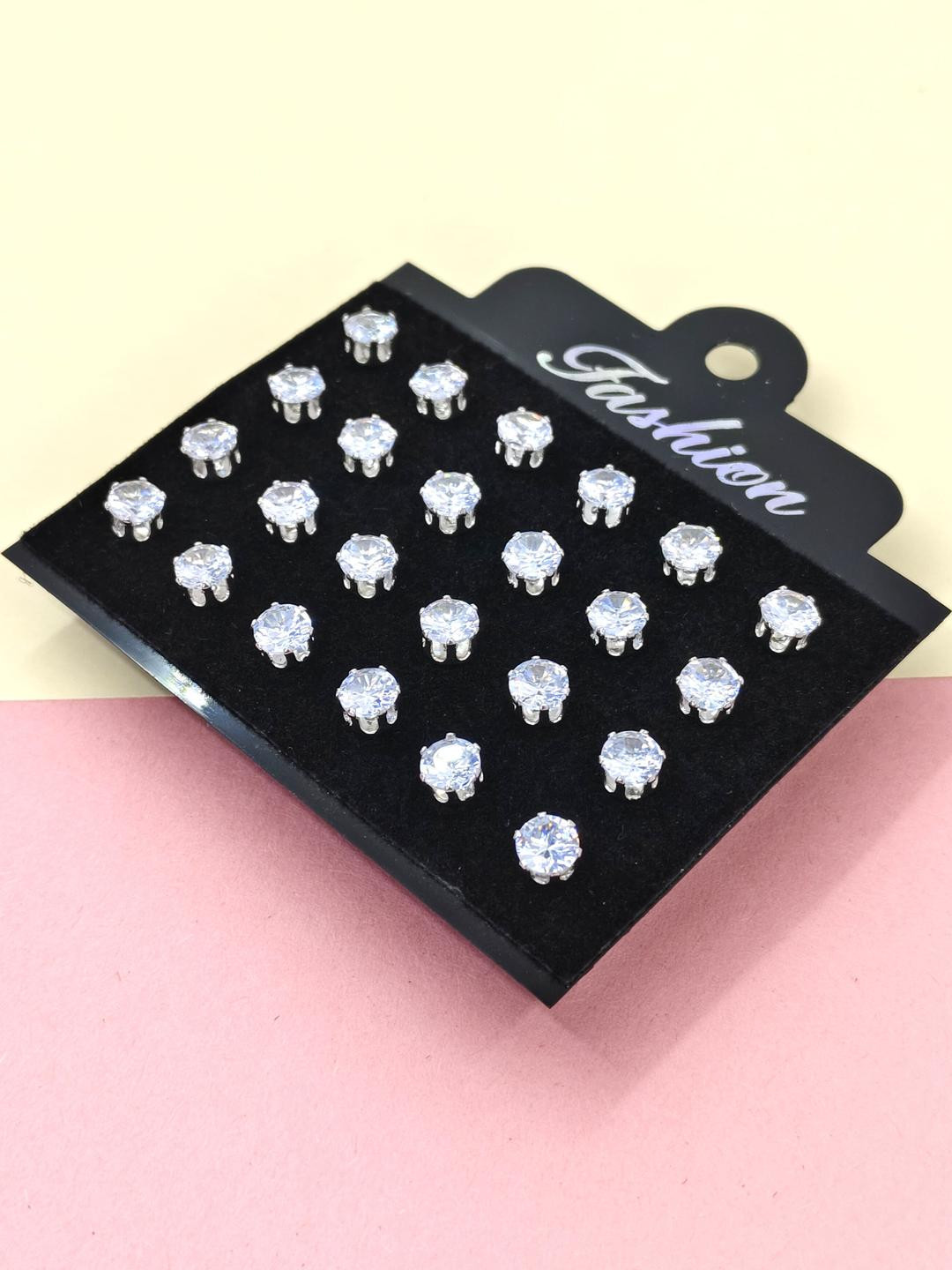 Shivarth Set of 12 Silver-Plated Metal American Diamond Earrings