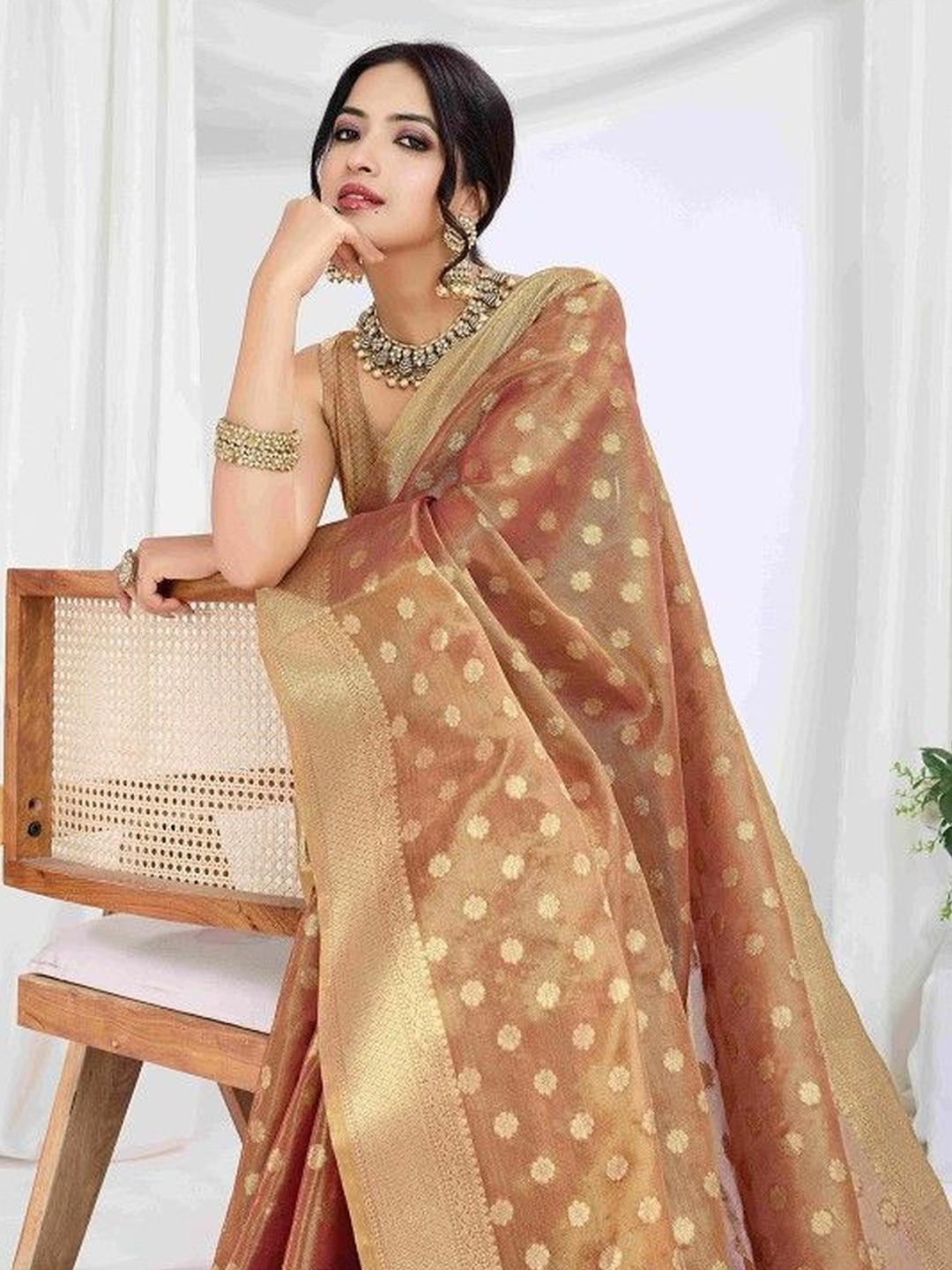 KARAGIRI Rustic Red Pure Tissue Silk Banarasi Saree with Brocade Blouse