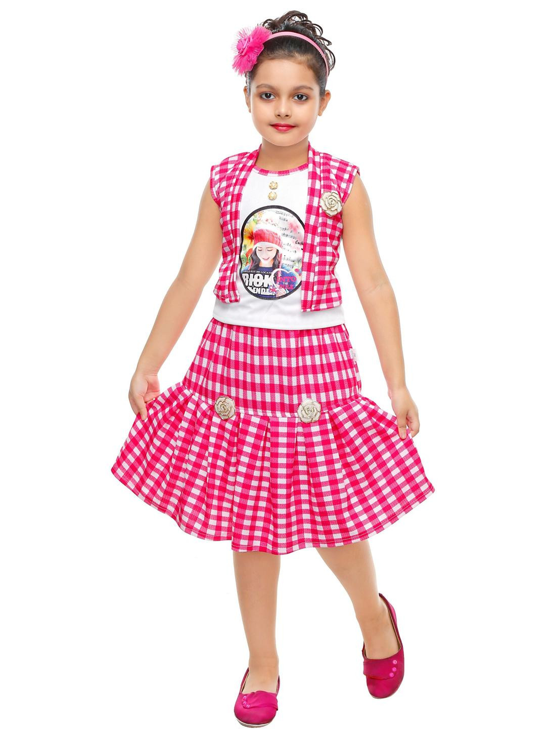 VISHESTA Kids-Girls Pink Cotton Checked  Dress