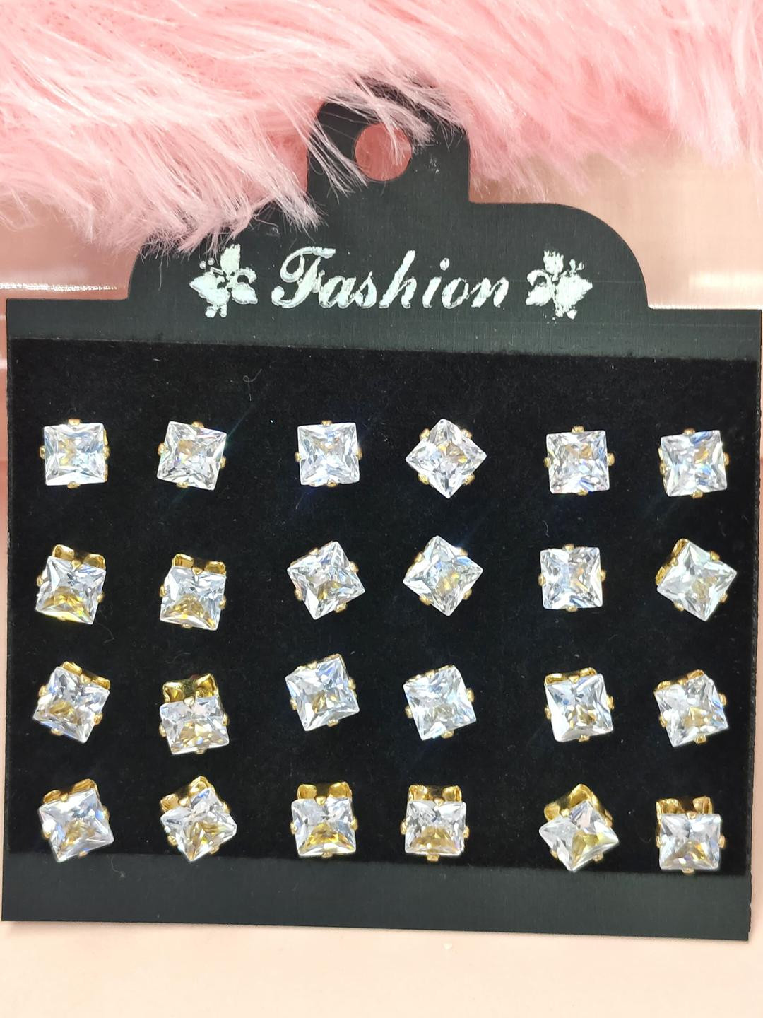 NAVJAI Gold-Toned & Clear Pair Of 12 Stone Square Stud Earrings