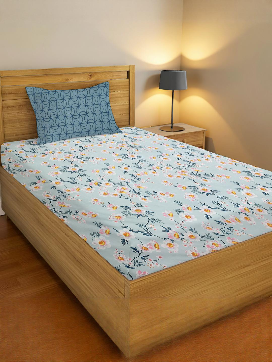 IVAZA Teal Floral 100 TC Single Bedsheet with 1 Pillow Covers