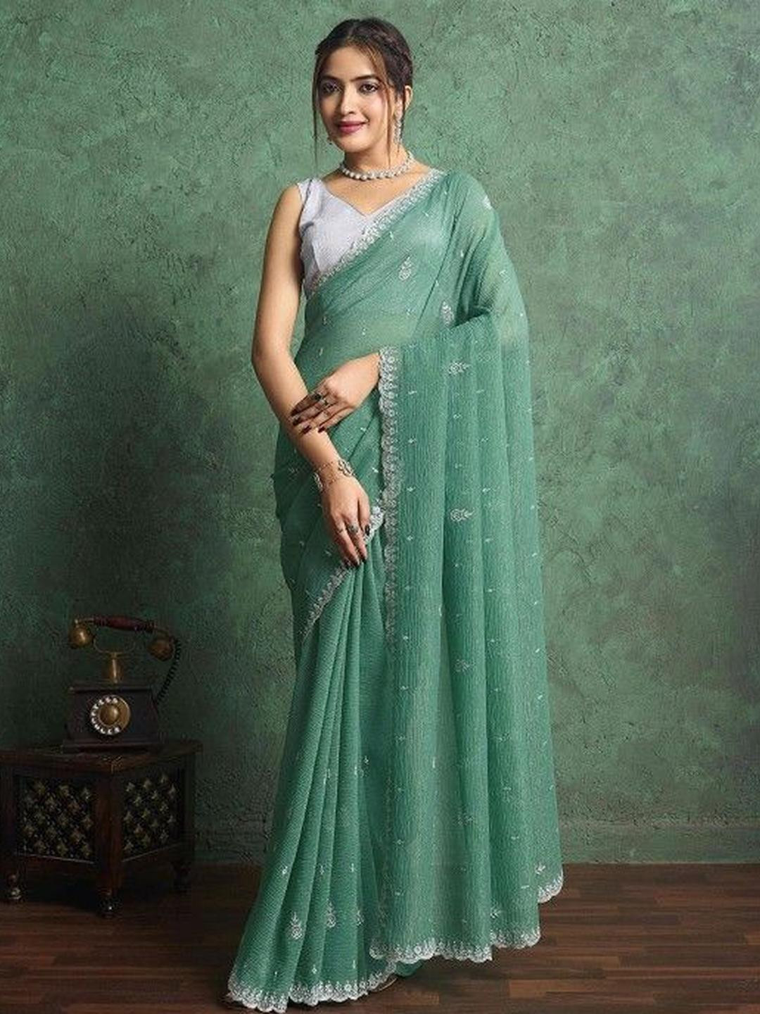 KARAGIRI Seagreen Shimmer Chiffon Scalloped Embroidered Saree With Blouse