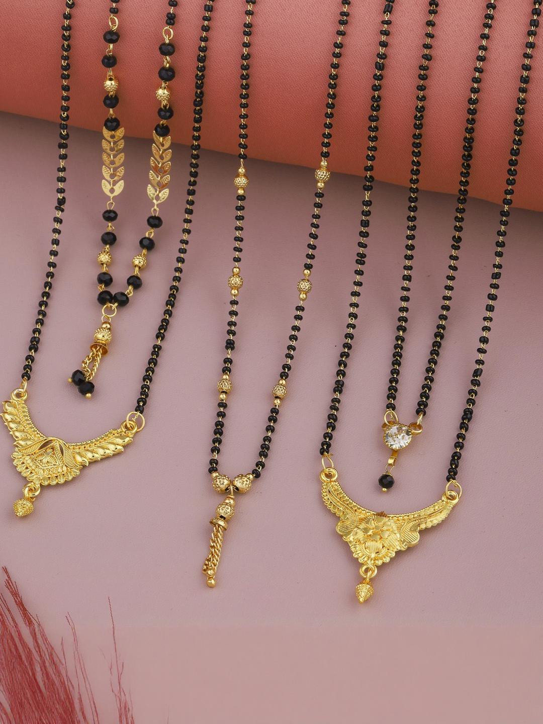 DIVASTRI Women Pack Of 5 Gold-Plated With Black Artificial Beads Mangalsutra
