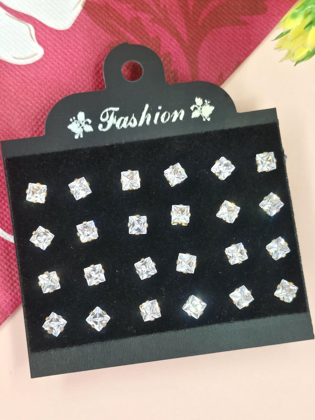 NAVJAI Gold-Toned & Clear Pair Of 12 Stone Square Stud Earrings