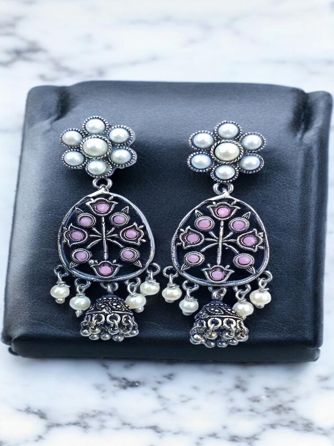 LAXMIT Silver Floral with pearl Drop Earrings