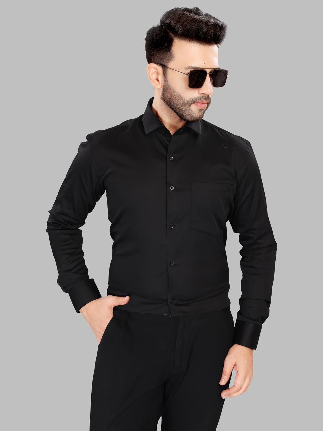 UR ETHICS Men Black Satin Shirts