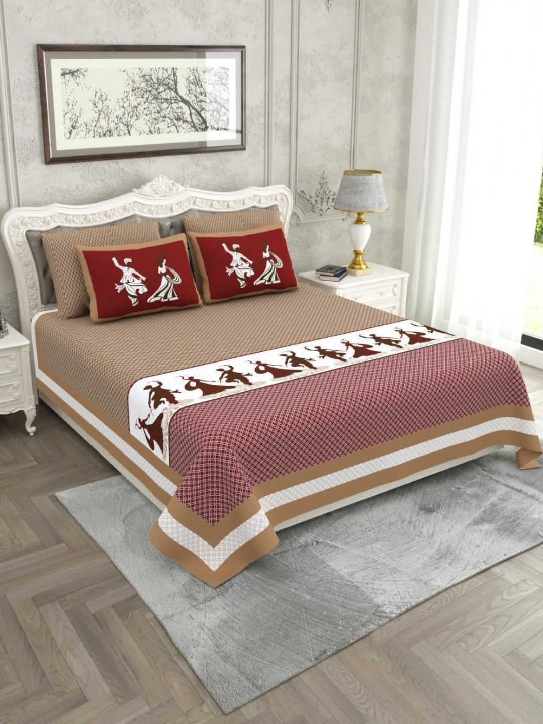 SWITCHON Brown & White Printed 300 TC Bedsheet Set 2.74 m X 2.74 m