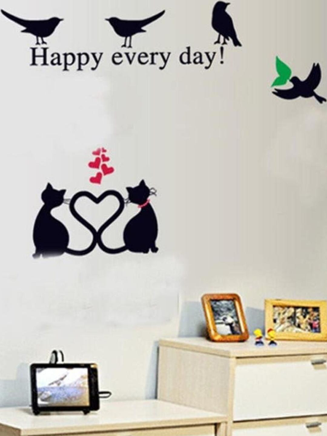 INDIAN ROYALS Black Cats With Birds Design Self Adhesive Wall Sticker