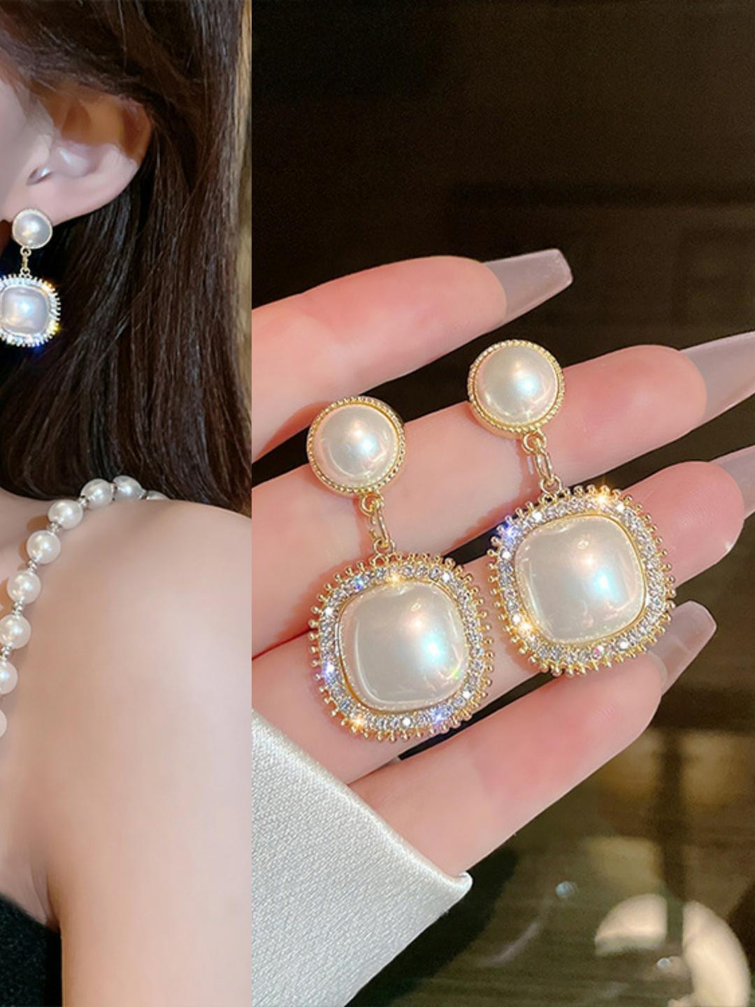 TheVineGirl Gold-Plated Amazing Korean Square AD-Pearl Earrings For Girls