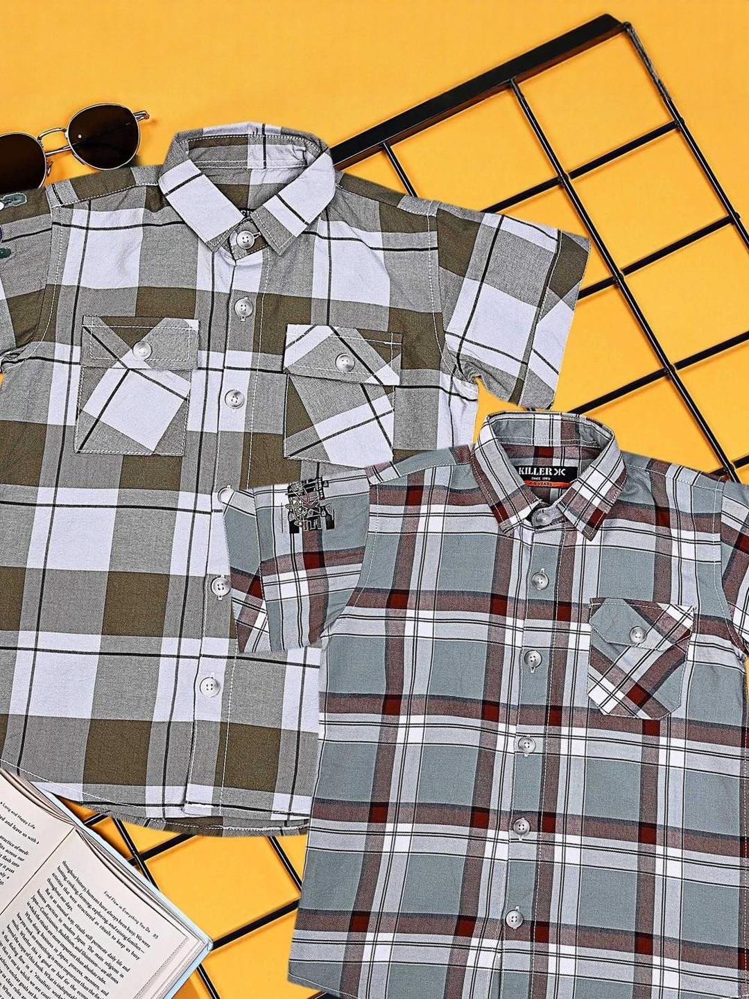 Killer Boys Pack of 2 Classic Fit Buffalo Checked Spread Collar Cotton Casual Shirts