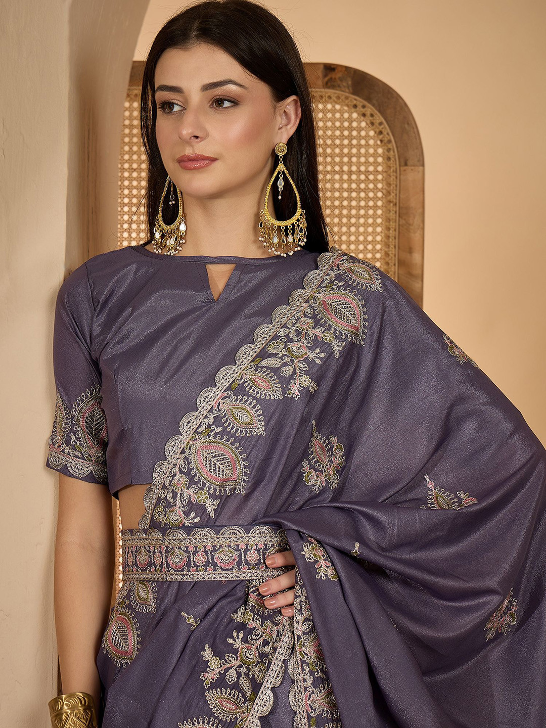 Sangria Embroidered Saree With Belt & Unstitched Blouse