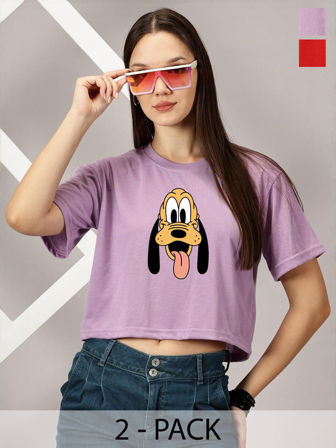 Dreambe Pack of 2 Pluto and Daffy Duck Printed Drop-Shoulder Sleeves Crop T-shirt