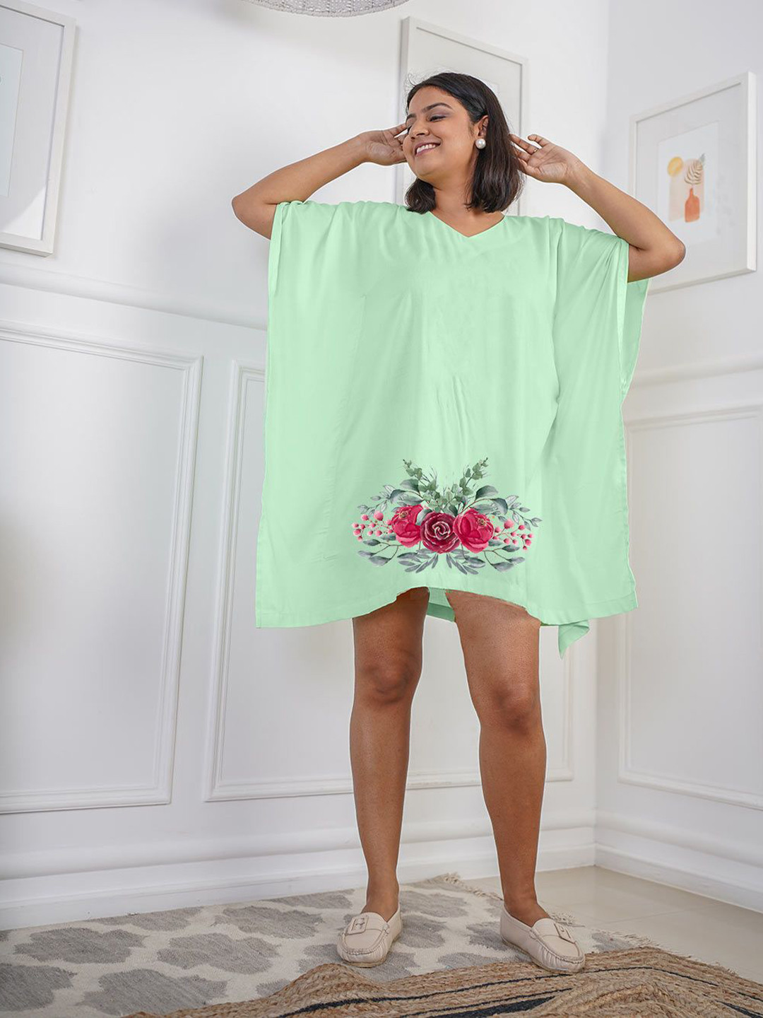 LetsDressUp Women Floral Print Flared Sleeves Mint Rayon Kaftan Dress