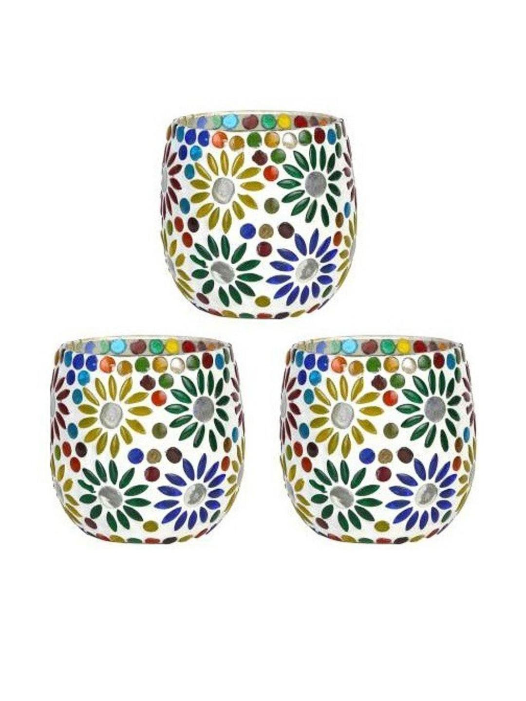 Somil Vibrant Multicolor Glass Candle Holder  Add A Touch Of Magic To Diwali, Parties & Candlelight Dinners, Size-8.5 X 8.5 X 9  Cm Pack OF 3