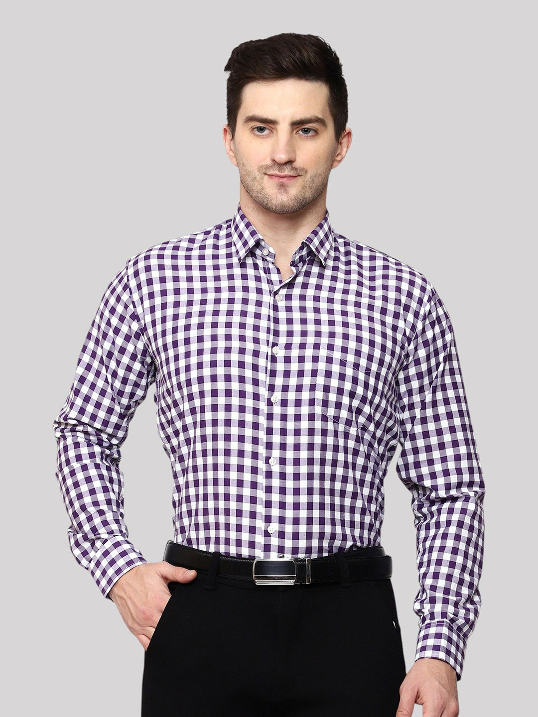 SWAZ Men White & Purple Slim Fit Checked Formal Shirt