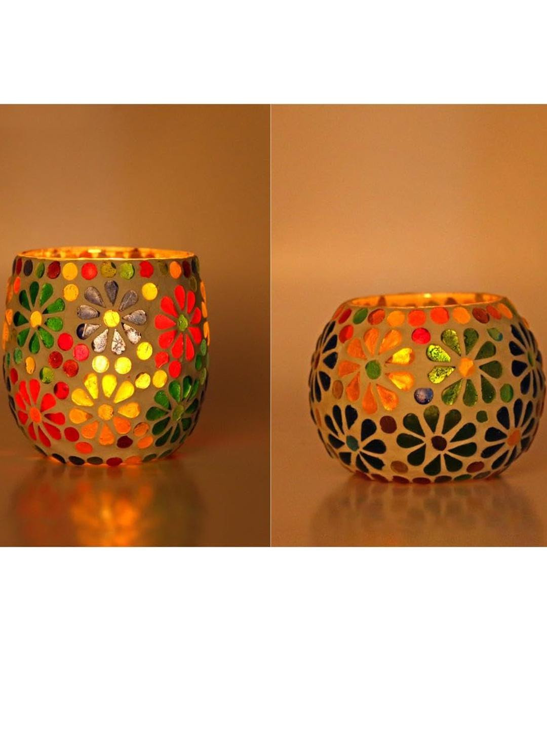 Somil Vibrant Multicolor Glass Candle Holder  Add A Touch Of Magic To Diwali, Parties & Candlelight Dinners, Size-8.5 X 8.5 X 8.5  Cm , 8.5 X 8.5 X 7  Cm Pack OF 2