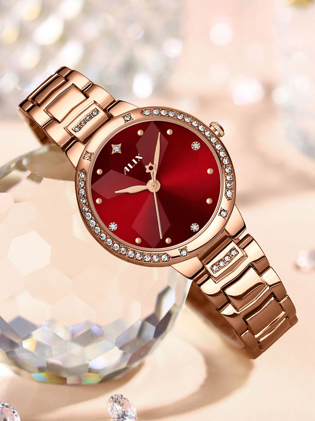 ALIX Women Embellished Dial & Bracelet Style Straps Analogue Watch AL2538_RGRD