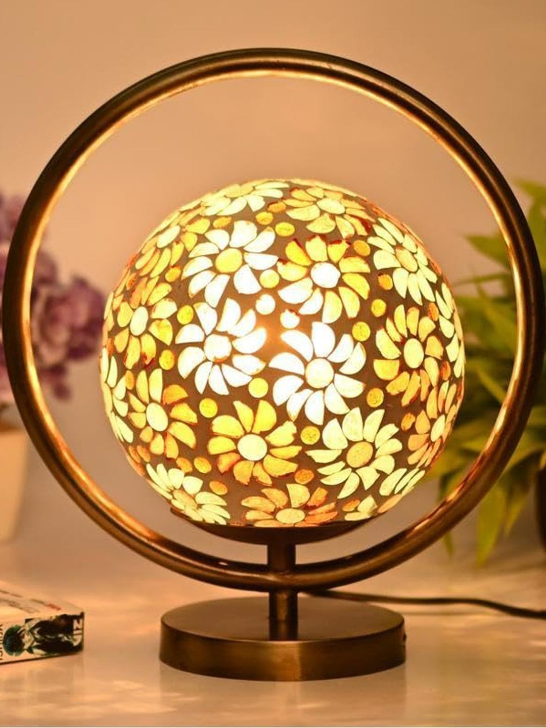 SOMIL Yellow Floral Printed Glass Circular Shaped Table Lamp