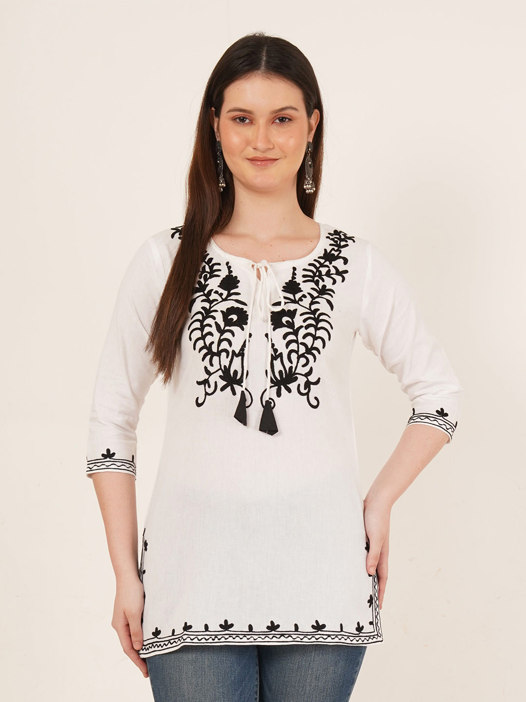 Brownverse Floral Embroidered V-Neck Thread Work Khadi Thread Work Kurti