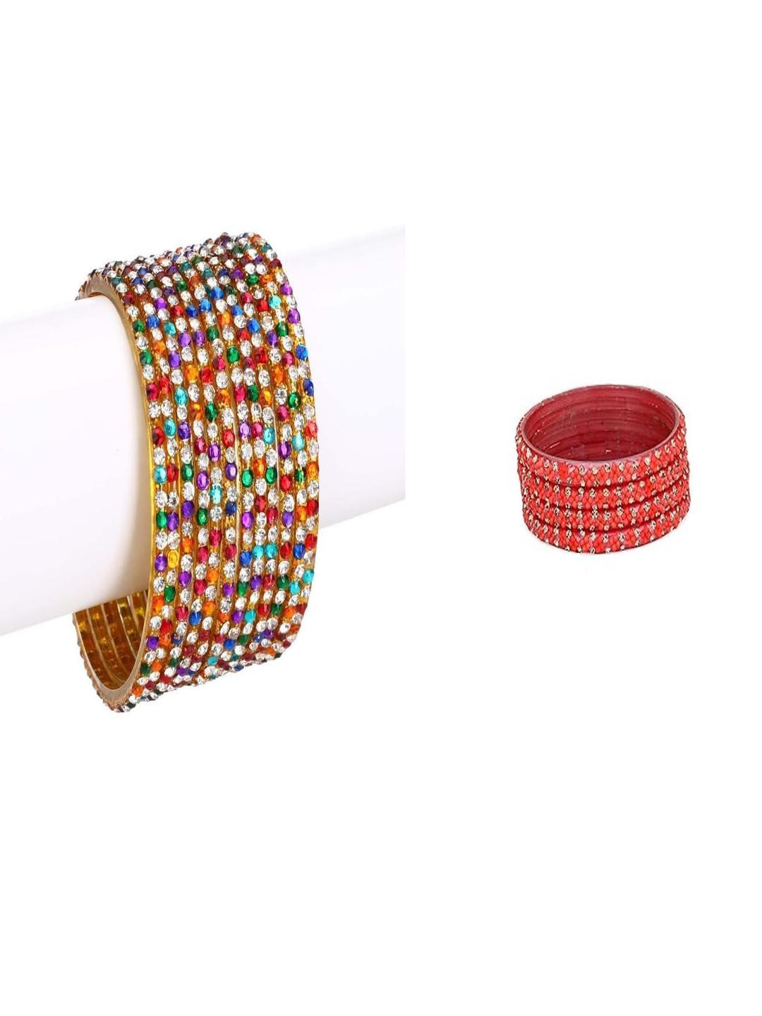 SOMIL Set Of 16 Women Multi Colored Artificial Stones and Beads Bangles Set