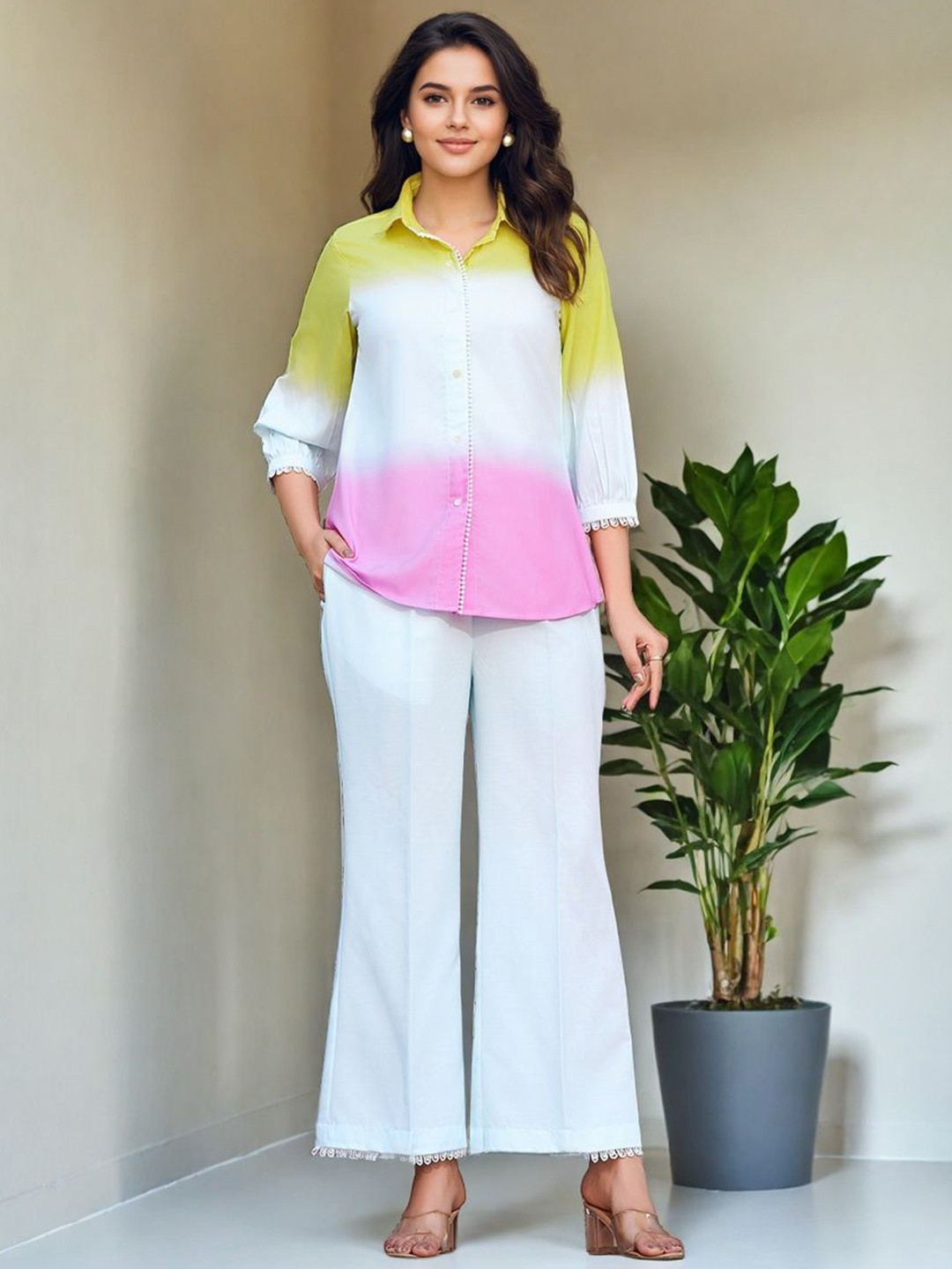 Ombre Shirt Collar Neck Shirt With Palazzos Co-Ords