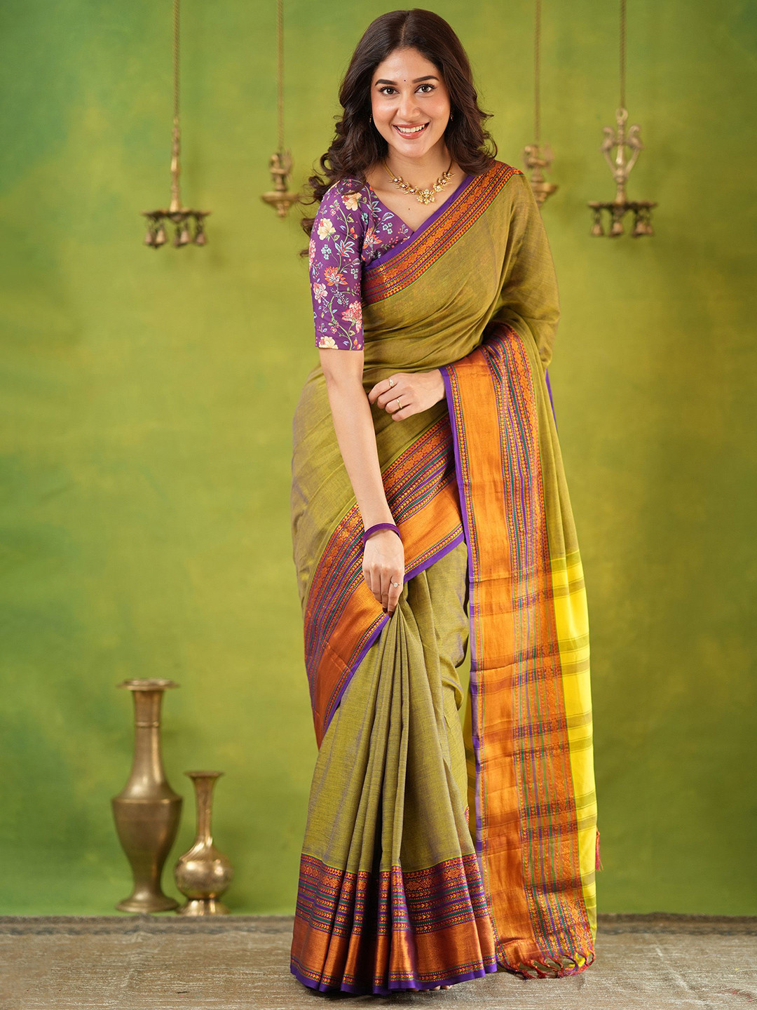RAAG VARNAM Dusty Green Narayanpet Mercerized Cotton Saree