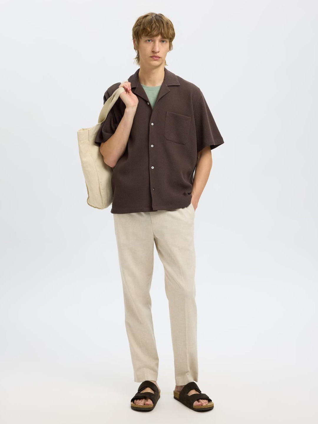 SELECTED Boxy Fit Textured Cuban Collar Casual Shirt