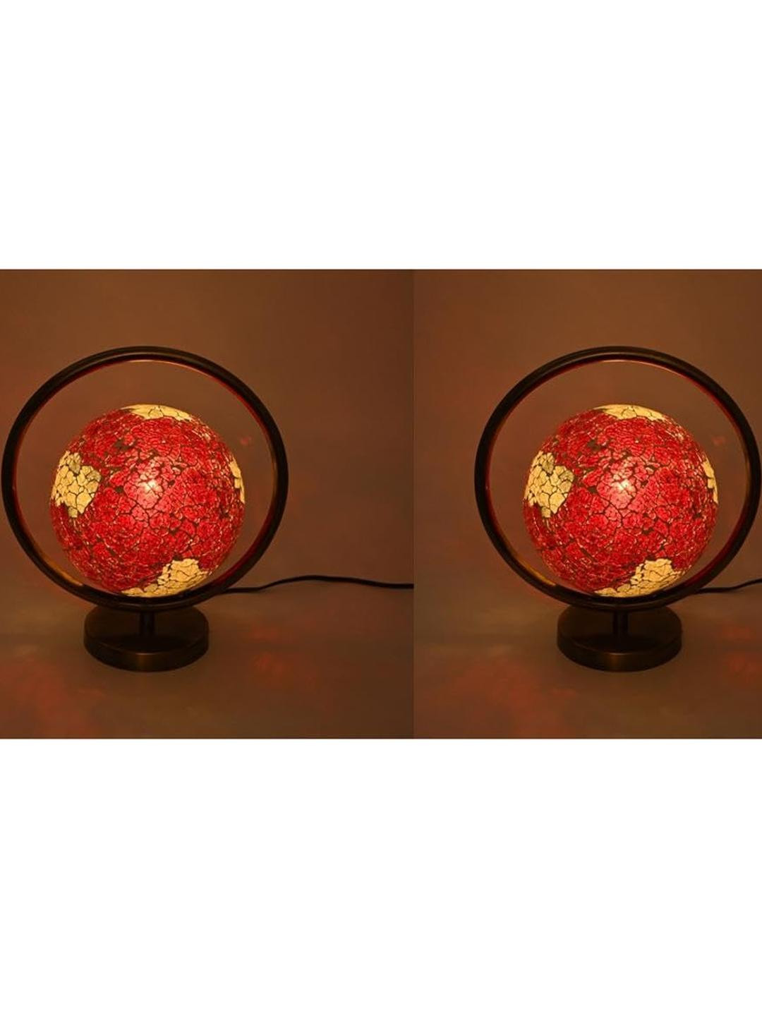SOMIL Pack Of 2 Red Printed Glass Globe Shaped Table Lamp