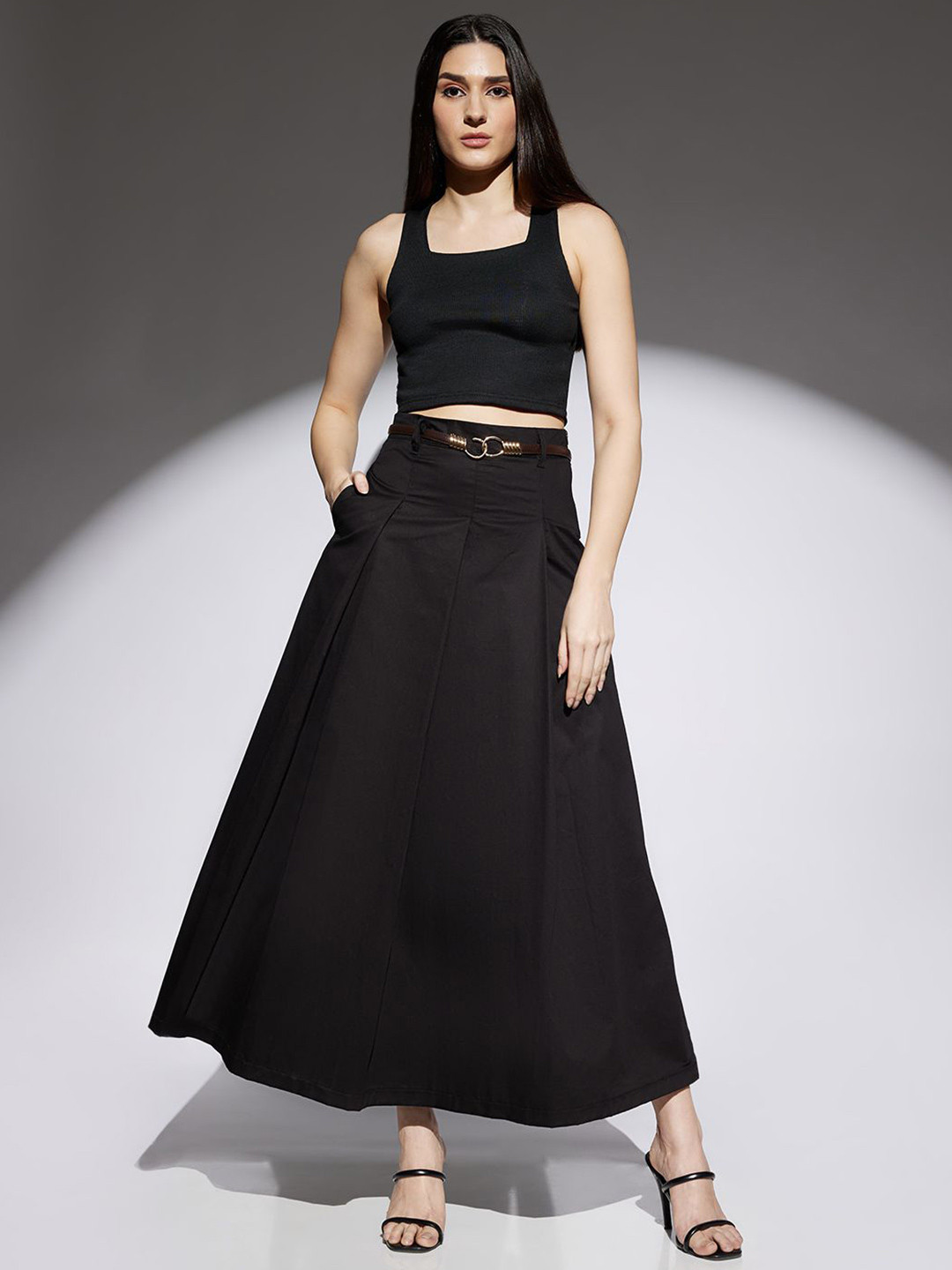 Globus High Rise Pleated Flared Maxi Skirt With Belt Loops