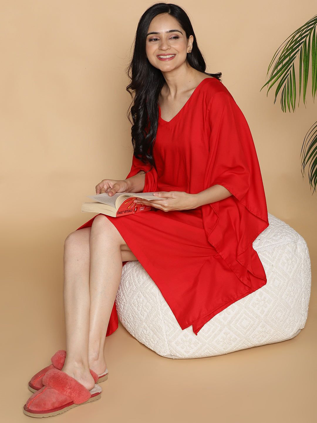 LetsDressUp Women Printed Kimono Sleeve Red Rayon Kaftan Reindeer Dress