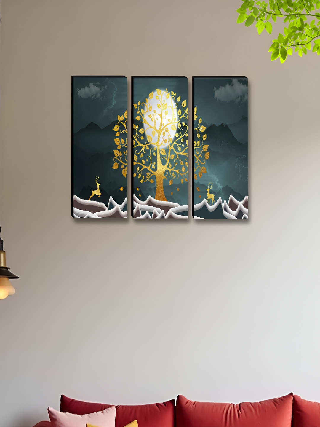 Livin'luxe Teal & Gold-Toned 3 Pieces Tree & Deer Printed Wall Arts